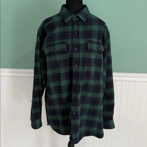 L.L. Bean Green and Navy 100% Cotton Flannel Plaid Shirt - Thick